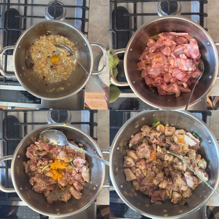 4 images in a grid showing the process of adding ginger garlic paste, chicken turmeric and pepper for chicken curry