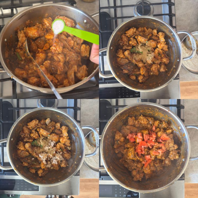 4 images in a grid showing the process of adding salt, coriander, cumin powder, coconut cashew paste and tomatoes for chicken curry