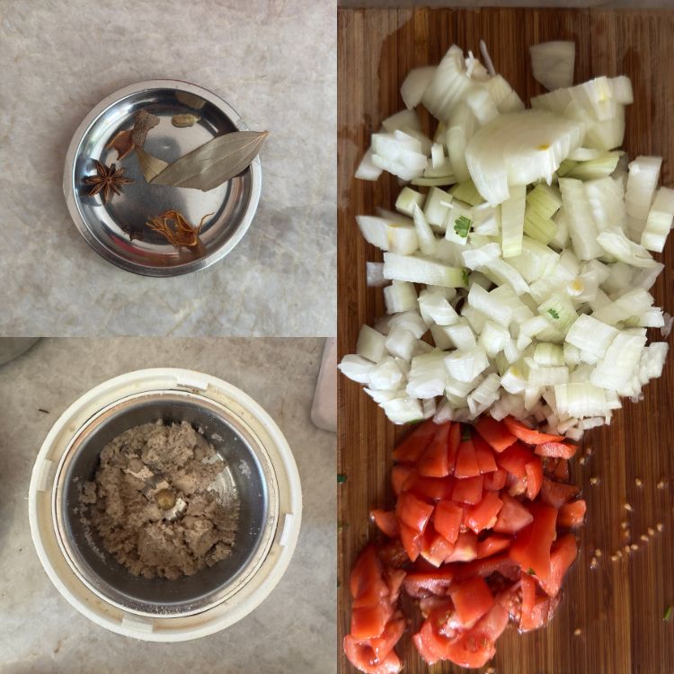 showing the process of prepping ingredients and chopping vegetables for chicken curry