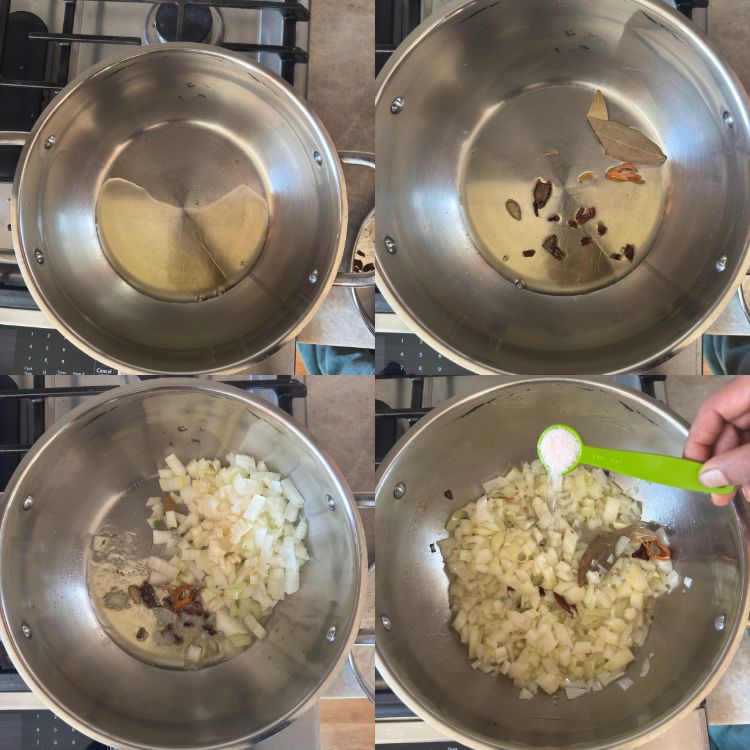 grid of four images to show the process of adding oil, spices, onions and salt.