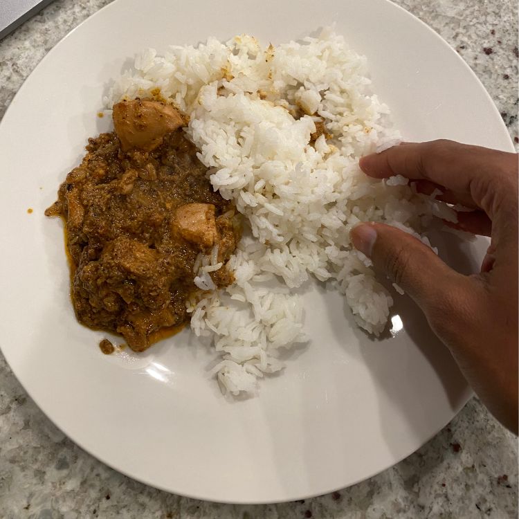 white rice and chicken curry on a plate