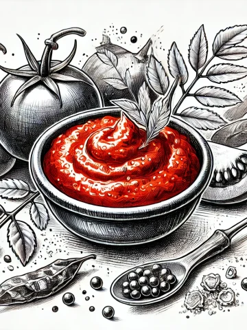 A detailed sketch-style illustration of South Indian tomato chutney served in a small bowl.